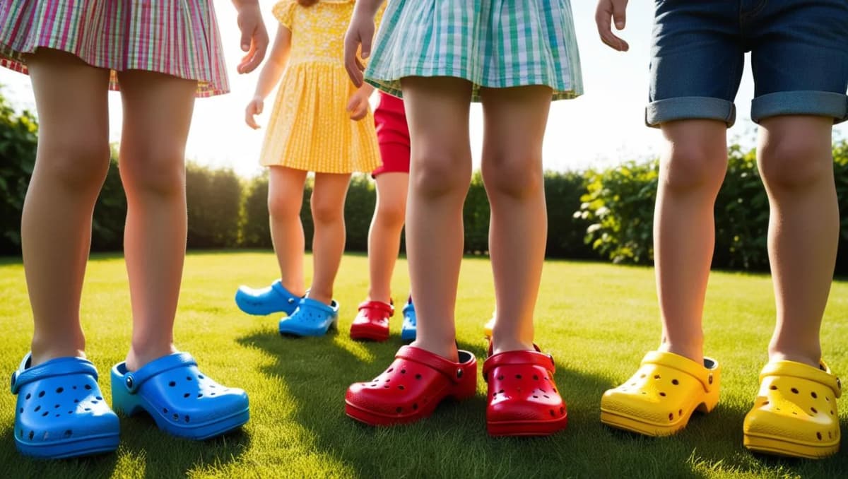 Kids wearing colorful clogs outdoors 2